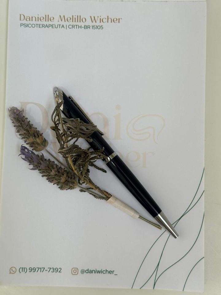 Caneta e flores secas sobre bloco de notas com o logo Dani Wicher